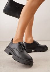Czarne Eleganckie Półbuty Oksfordki VICES ze Sznurowaniem i Platformą Anatala. Czarne półbuty damskie Renee, bez wzorów, z jeansu, bez obcasa, na platformie, bez zapięcia. Za 89.99 zł.