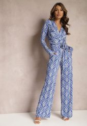 Granatowo-Biały Kopertowy Kombinezon z Paskiem w Talii i Ozdobnym Wzorem Mirannda. Niebieskie sukienki damskie Renee, bez wzorów, z materiału, eleganckie, bez ramiączek. W wyprzedaży za 67.99 zł.