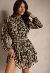 Brązowa Sukienka o Rozkloszowanym Kroju ze Stójką Gumką i Falbanami w Wężowy Wzór Mintinna. Brązowe sukienki damskie Renee, bez wzorów, eleganckie, bez ramiączek. W wyprzedaży za 135.99 zł.