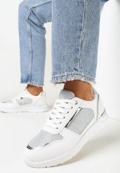 Białe Sneakersy na Płaskiej Podeszwie Ozdobione Brokatem Mayna. Białe obuwie sportowe damskie Born2be, bez zapięcia. Za 84.99 zł.