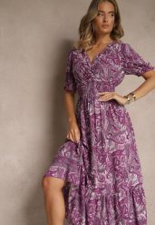 Ciemnoróżowa Rozkloszowana Sukienka z Bawełny Zdobiona Wzorem Paisley Folitea. Fioletowe sukienki damskie Renee, z aplikacjami, z bawełny, bez ramiączek. W wyprzedaży za 47.99 zł.