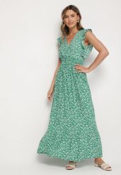 Zielona Sukienka o Rozkloszowanym Kroju z Falbankami w Kwiatowy Wzór Aravisse. Zielone sukienki damskie Born2be, z aplikacjami, eleganckie, bez ramiączek. Za 49.99 zł.
