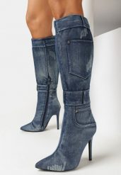 Niebieskie Jeansowe Kozaki na Szpilce Bimis. Niebieskie kozaki damskie Born2be, z jeansu, bez obcasa, na obcasie, bez zapięcia. Za 189.99 zł.