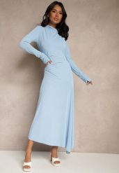 Niebieska Asymetryczna Sukienka Koktajlowa z Ozdobnymi Guzikami Dralriti. Niebieskie sukienki damskie Renee, bez wzorów, eleganckie, bez ramiączek. W wyprzedaży za 127.99 zł.