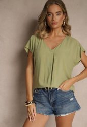 Zielona Bluzka z Wiskozy z Trójkątnym Dekoltem Tilimira. Zielone bluzki damskie Renee, l, bez wzorów, z jeansu, eleganckie, bez kołnierzyka, bez ramiączek. Za 59.99 zł.
