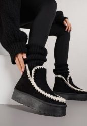 Czarne Śniegowce na Platformie Ozdobione Haftowanym Wzorem Naretusa. Czarne śniegowce damskie Renee, z jeansu. Za 79.99 zł.