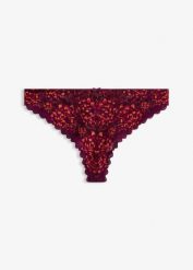 Stringi z wielokolorowej koronki. Czerwone stringi bonprix, bez wzorów, z koronki. Za 39.99 zł.