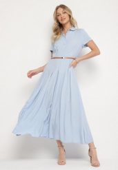 Niebieska Wiskozowa Sukienka o Koszulowym Fasonie z Wąskim Paskiem Fillamea. Niebieskie sukienki damskie Born2be, z aplikacjami, z wiskozy, eleganckie, bez ramiączek. Za 119.99 zł.