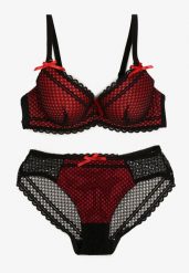 Czarno-Czerwony Komplet z Koronki Regulowany Biustonosz Full Cup oraz Majtki Figi Irialynne. Czarne komplety bielizny Renee, z aplikacjami, z koronki. Za 29.99 zł.