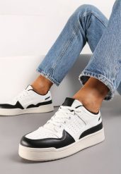 Czarno-Białe Sznurowane Sneakersy z Ekoskóry na Grubej Podeszwie z Ozdobnymi Łatkami Anaviria. Czarne obuwie sportowe damskie Renee, z jeansu, bez zapięcia. Za 49.99 zł.