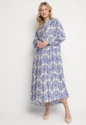 Niebieska Rozkloszowana Sukienka z Wiskozy w Ornamentalny Wzór Gonavina. Niebieskie sukienki damskie Born2be, bez wzorów, z wiskozy, eleganckie, bez ramiączek. W wyprzedaży za 110.49 zł.