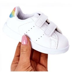 Dziecięce Tenisówki Na Rzepy Biało-Tęczowe Cute Girl białe. Białe trampki dziewczęce bez wzorów, ze skóry, bez zapięcia. Za 112.88 zł.