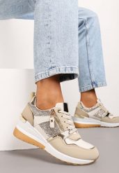 Beżowo-Złote Sneakersy na Niewysokim Koturnie Ozdobione Suwakiem i Wstawkami Liorrama. Brązowe obuwie sportowe damskie Renee, z materiału, bez zapięcia. Za 99.99 zł.
