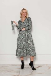 Rozkloszowana Sukienka z Szarfą - Liście. Czarne sukienki damskie Lanti, bez wzorów, z materiału, wizytowe, bez ramiączek. Za 339.90 zł.