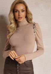 Ciemnobeżowy Sweter Golf z Perełkami Przy Bufiastych Rękawach Hutta. Brązowe golfy damskie Renee, bez wzorów, bez ramiączek. Za 84.99 zł.