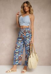Niebieskie Bawełniane Spodnie High Waist Szerokie we Wzór Boho Tolioria. Niebieskie spodnie materiałowe damskie Renee, bez wzorów, z bawełny. Za 29.99 zł.