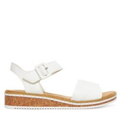 Sandały Rieker. Białe sandały damskie Rieker, bez wzorów, bez obcasa, na koturnie, bez zapięcia. Za 289.99 zł.