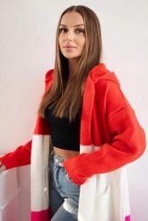 Sweter Kardigan z kapturem w pasy czerwony+ecru+różowy neon. Czerwone kardigany damskie KESI, l, bez wzorów, z jeansu. Za 209.08 zł.