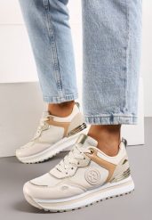Beżowe Sneakersy na Grubej Podeszwie z Metaliczną Wstawką Davenna. Brązowe obuwie sportowe damskie Born2be, bez zapięcia. Za 89.99 zł.