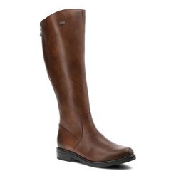 Brązowe Kozaki Remonte Eleganckie Obuwie Damskie. Brązowe kozaki damskie Remonte, ze skóry, bez obcasa, na obcasie, bez zapięcia. Za 499.00 zł.