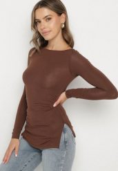 Brązowa Bluzka z Wiskozą i Marszczeniem Furitta. Brązowe bluzki damskie Born2be, m, bez wzorów, z jeansu, klasyczne, bez kołnierzyka, bez ramiączek. Za 64.99 zł.