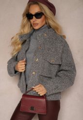 Szara Kurtka Utility z Kieszeniami z Klapami i Bufiastymi Rękawami Niraleen. Szare kurtki damskie Renee, l, bez wzorów, z jeansu, bez kaptura. Za 179.99 zł.