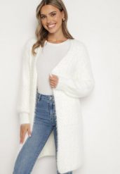 Biały Niezapinany Kardigan z Wełną i Wsuwanymi Kieszeniami Riabelle. Białe kardigany damskie Born2be, bez wzorów, z jeansu. Za 99.99 zł.