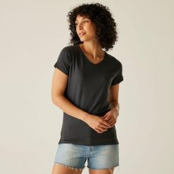 Koszulka turystyczna damska Elkie. Szare koszulki damskie Regatta, bez wzorów, z bawełny, bez kołnierzyka, bez ramiączek. W wyprzedaży za 80.25 zł.