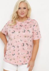 Różowy T-shirt Koszulka z Krótkim Rękawem w Kwiaty Nleessa. Czerwone bluzki damskie Born2be, plus size, bez wzorów, z jeansu, bez kołnierzyka. Za 29.99 zł.