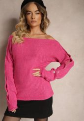 Fuksjowy Elegancki Sweter z Dekoltem w Łódkę Zdobiony Guzikami i Wycięciami na Rękawach Dorida. Czerwone swetry klasyczne damskie Renee, m, z jeansu, bez kołnierzyka. Za 99.99 zł.
