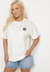 Biały T-shirt z Bawełny z Naszywką Kwiatu Firirene. Białe t-shirty damskie Born2be, l, z aplikacjami, z bawełny, bez kołnierzyka. Za 49.99 zł.