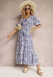 Granatowo-Biała Sukienka z Wiskozy i Bawełny Ozdobiona Falbaną i Sznurkiem w Pasie Vantia. Niebieskie sukienki damskie Renee, bez wzorów, z bawełny, eleganckie, bez ramiączek. W wyprzedaży za 107.99 zł.