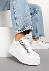 Białe Sneakersy na Grubej Podeszwie z Ozdobnymi Przeszyciami Tataniel. Białe obuwie sportowe damskie Born2be, z jeansu, bez zapięcia. Za 109.99 zł.