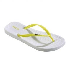 Beco Sunshine klapki damskie - biało-żółte. Żółte klapki damskie 47 Brand, bez wzorów, z materiału, bez obcasa, bez zapięcia. Za 199.99 zł.
