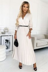 Elegancka Długa Sukienka z Plisowanym Dołem - Beżowa. Brązowe sukienki damskie NUMOCO, bez wzorów, z elastanu, eleganckie, bez ramiączek. Za 178.90 zł.