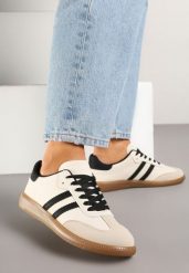 Beżowo-Czarne Płaskie Sneakersy Ozdobione Paskami Glaria. Brązowe obuwie sportowe damskie Born2be, z materiału, bez zapięcia. Za 109.99 zł.