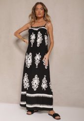 Czarna Rozkloszowana Sukienka na Ramiączkach w Ornamentalny Print Reveleine. Czarne sukienki damskie Renee, z aplikacjami, bez ramiączek. W wyprzedaży za 55.99 zł.