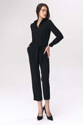Czarny Stylowy Kombinezon na Guziki z Nogawkami 3/4. Czarne kombinezony damskie Nife, xl, bez wzorów, z elastanu, eleganckie, bez kołnierzyka, bez ramiączek. Za 249.90 zł.