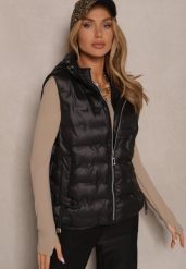 Czarna Pikowana Kamizelka z Kapturem i Ściągaczami Annialia. Czarne kamizelki damskie Renee, l, bez wzorów, z jeansu, z kapturem. Za 149.99 zł.