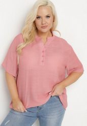 Różowa Bluzka z Bawełny Ozdobiona Guzikami Neolirena. Czerwone bluzki damskie Born2be, xl, bez wzorów, z bawełny, bez kołnierzyka, bez ramiączek. Za 39.99 zł.
