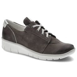 Półbuty damskie Pollonus, na niskim koturnie i ze skóry naturalnej, szare Samuel, 5-0902-024. Szare półbuty damskie Pollonus, bez wzorów, z nubiku, bez obcasa, na koturnie, bez zapięcia. Za 159.00 zł.