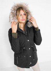 Parka ocieplana na podszewce. Czarne parki damskie bonprix, z kapturem. Za 319.99 zł.