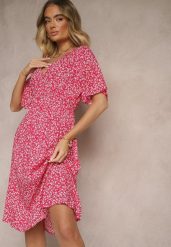 Różowa Rozkloszowana Sukienka Bawełniana w Kwiatowy Print Ezrive. Czerwone sukienki damskie Renee, bez wzorów, z bawełny, klasyczne, bez ramiączek. W wyprzedaży za 43.99 zł.