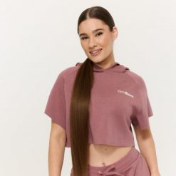 Bluza damska fitness z kapturem krótka Relay Cropped Haze. Szare bluzy damskie GYMBEAM, m, bez wzorów, z bawełny, z kapturem. Za 128.90 zł.