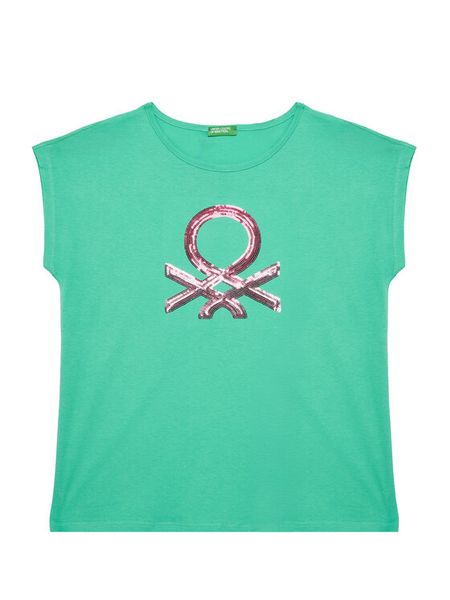 United Colors Of Benetton T-Shirt 3I1XC10P1 Zielony Regular Fit. Zielone koszulki i t-shirty dziewczęce United Colors Of Benetton, bez wzorów, z bawełny, bez kołnierzyka, bez ramiączek. Za 49.99 zł.