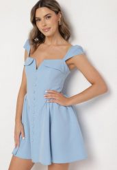 Niebieska Rozkloszowana Sukienka z Ozdobnym Dekoltem i Guzikami Salasesia. Niebieskie sukienki damskie Born2be, bez wzorów, eleganckie, bez ramiączek. W wyprzedaży za 127.49 zł.