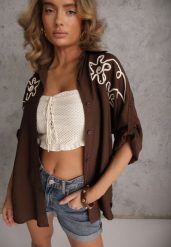 Brązowa Wiskozowa Koszula Nietoperz z Regulowanymi Rękawami i Haftem Drenesh. Brązowe koszule damskie Renee, l, z aplikacjami, z jeansu, bez kołnierzyka, bez ramiączek. Za 89.99 zł.