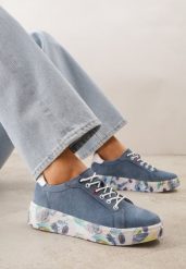 Niebieskie Skórzane Sneakersy na Plaformie w Pióra z Perforacją Tidessa. Niebieskie obuwie sportowe damskie Renee, z jeansu, bez zapięcia. Za 189.99 zł.