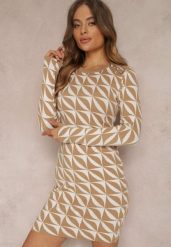 Biało-Beżowa Sukienka Dzianinowa w Geometryczny Wzór Chlaria. Brązowe sukienki damskie Renee, bez wzorów, z dzianiny, eleganckie, bez ramiączek. W wyprzedaży za 95.99 zł.