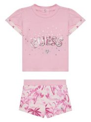 Guess Komplet t-shirt i spodenki A5GG13 K6YW4 Różowy Regular Fit. Czerwone spodnie niemowlęce Guess, z aplikacjami, z bawełny. Za 99.99 zł.